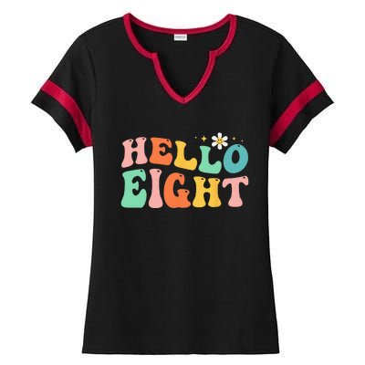 Hello Eight 8 Year Old 8th Birthday Girl Age 8 BDay Groovy Ladies Halftime Notch Neck Tee