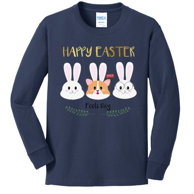 Happy Easter April Fools Day Bunnies And Corgi Kids Long Sleeve Shirt