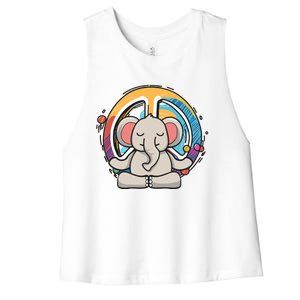 Hippie Elephant Art Yoga Peace Sign Funny Meditation Novelty Funny Gift Women's Racerback Cropped Tank