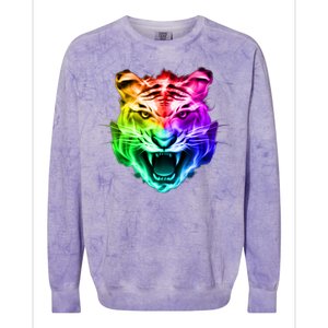 Head of Tiger Blazing in Spectrum Fire Colorblast Crewneck Sweatshirt