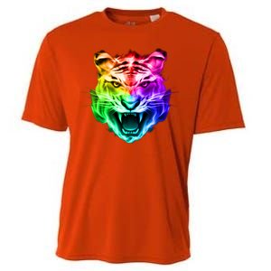 Head of Tiger Blazing in Spectrum Fire Cooling Performance Crew T-Shirt