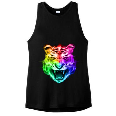 Head of Tiger Blazing in Spectrum Fire Ladies PosiCharge Tri-Blend Wicking Tank