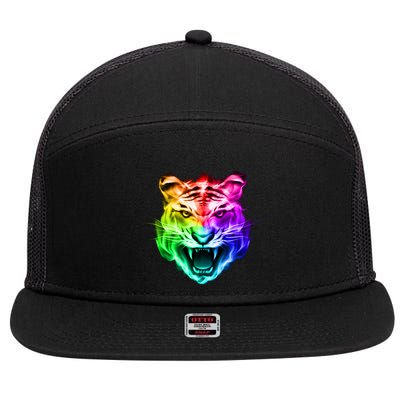 Head of Tiger Blazing in Spectrum Fire 7 Panel Mesh Trucker Snapback Hat