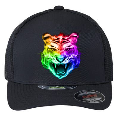 Head of Tiger Blazing in Spectrum Fire Flexfit Unipanel Trucker Cap