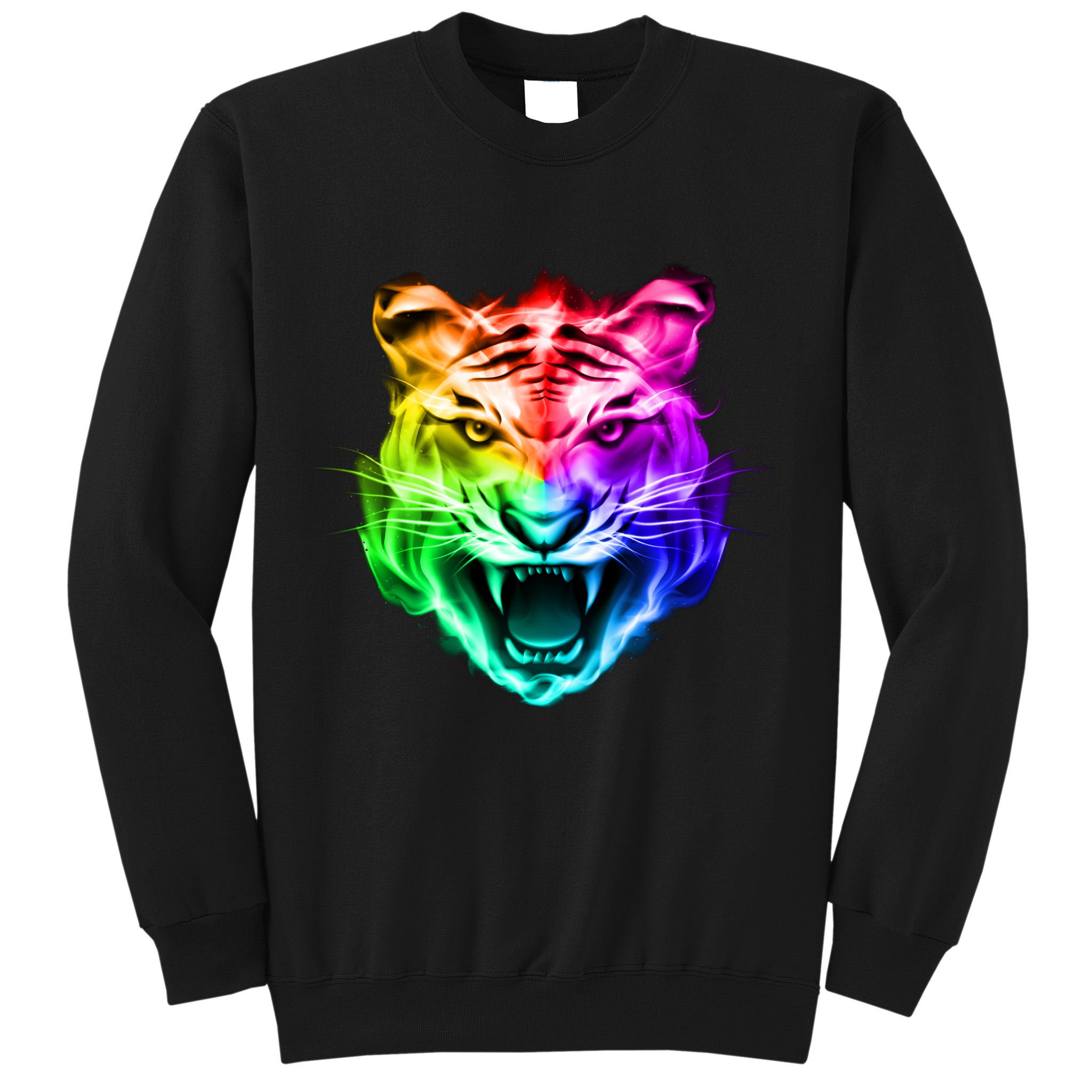 Head of Tiger Blazing in Spectrum Fire Sweatshirt