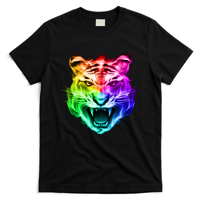 Head of Tiger Blazing in Spectrum Fire T-Shirt