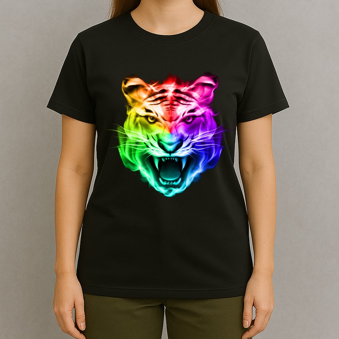 Head of Tiger Blazing in Spectrum Fire T-Shirt