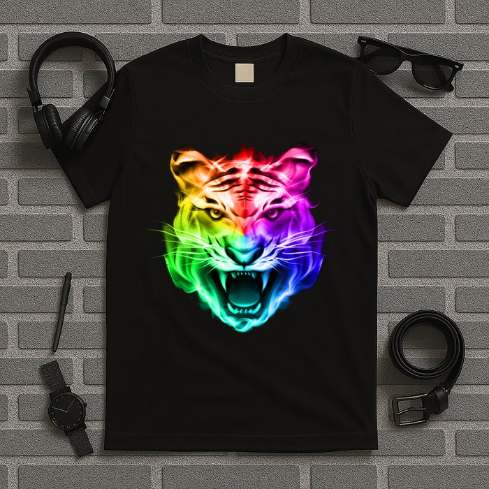 Head of Tiger Blazing in Spectrum Fire T-Shirt