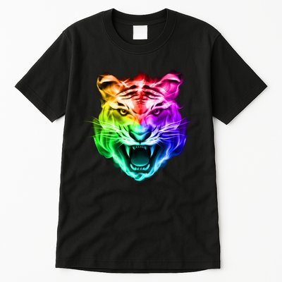 Head of Tiger Blazing in Spectrum Fire Tall T-Shirt