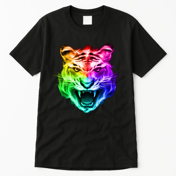 Head of Tiger Blazing in Spectrum Fire Tall T-Shirt