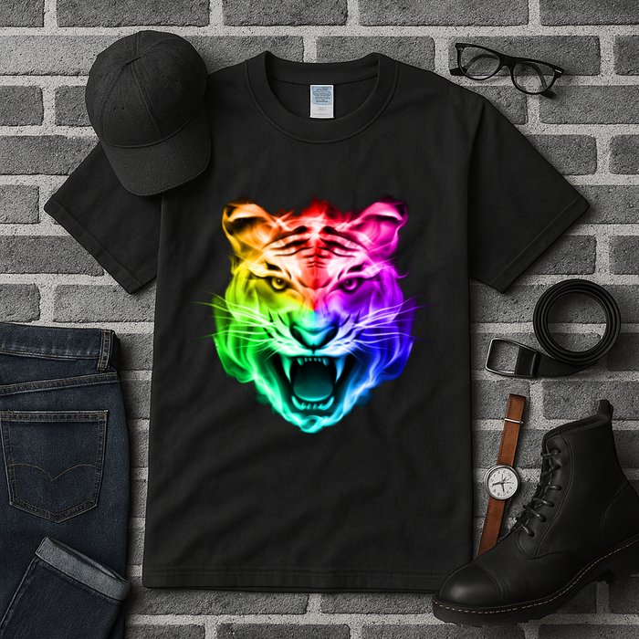 Head of Tiger Blazing in Spectrum Fire Tall T-Shirt