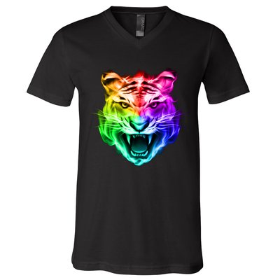 Head of Tiger Blazing in Spectrum Fire V-Neck T-Shirt