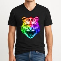 Head of Tiger Blazing in Spectrum Fire V-Neck T-Shirt