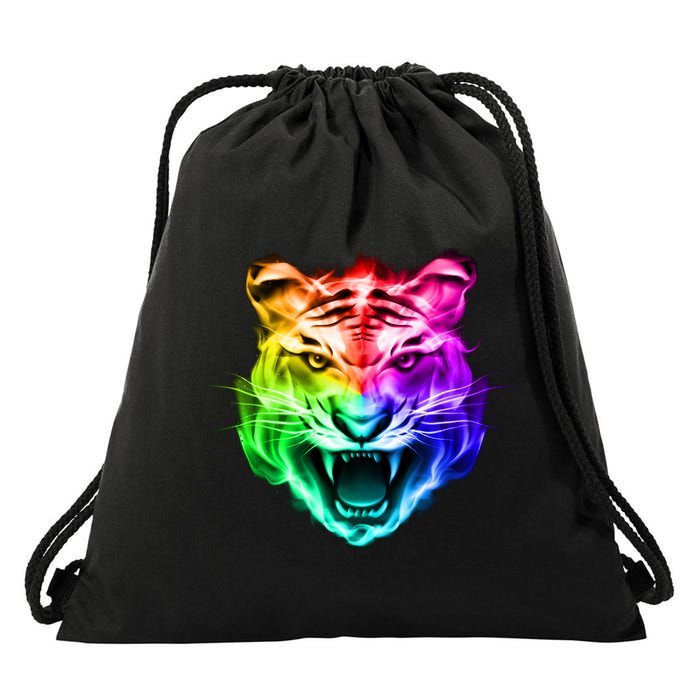 Head of Tiger Blazing in Spectrum Fire Drawstring Bag
