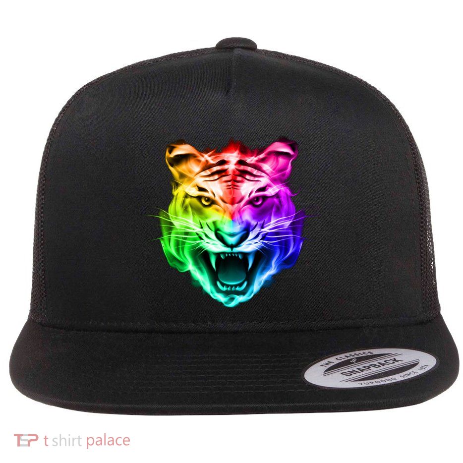Head of Tiger Blazing in Spectrum Fire Flat Bill Trucker Hat