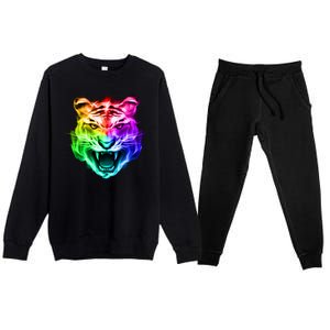 Head of Tiger Blazing in Spectrum Fire Premium Crewneck Sweatsuit Set