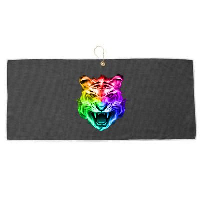 Head of Tiger Blazing in Spectrum Fire Large Microfiber Waffle Golf Towel