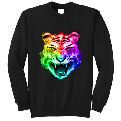 Head of Tiger Blazing in Spectrum Fire Tall Sweatshirt