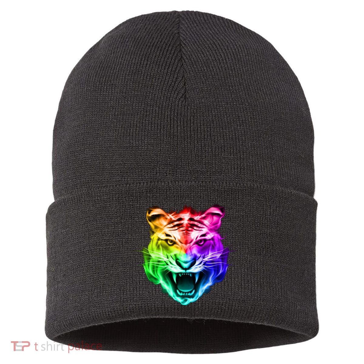 Head of Tiger Blazing in Spectrum Fire Sustainable Knit Beanie