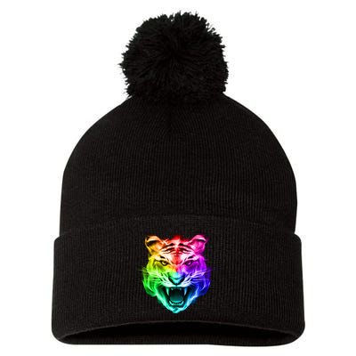 Head of Tiger Blazing in Spectrum Fire Pom Pom 12in Knit Beanie