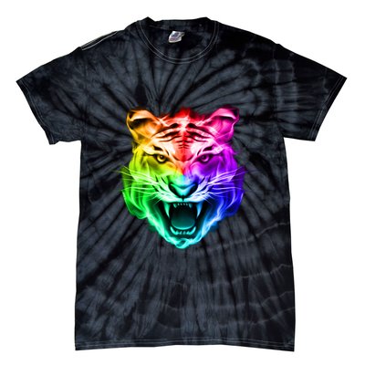 Head of Tiger Blazing in Spectrum Fire Tie-Dye T-Shirt