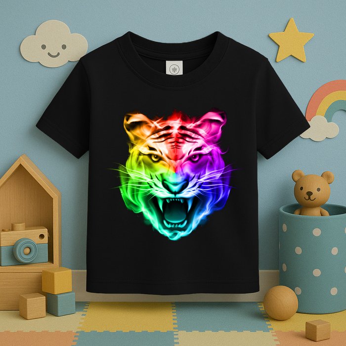 Head of Tiger Blazing in Spectrum Fire Toddler T-Shirt