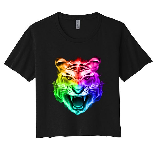 Head of Tiger Blazing in Spectrum Fire Crop Top