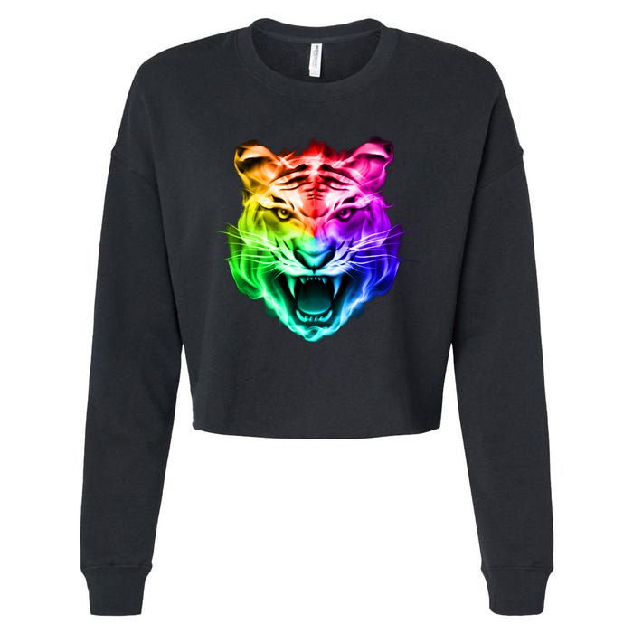 Head of Tiger Blazing in Spectrum Fire Cropped Pullover Crew