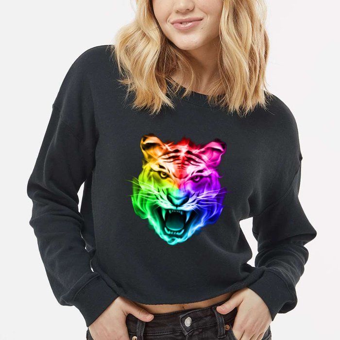Head of Tiger Blazing in Spectrum Fire Cropped Pullover Crew