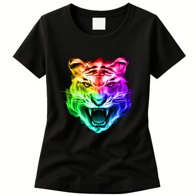 Head of Tiger Blazing in Spectrum Fire Womens T-Shirt
