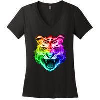 Head of Tiger Blazing in Spectrum Fire Women's V-Neck T-Shirt