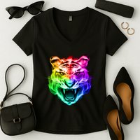 Head of Tiger Blazing in Spectrum Fire Women's V-Neck T-Shirt