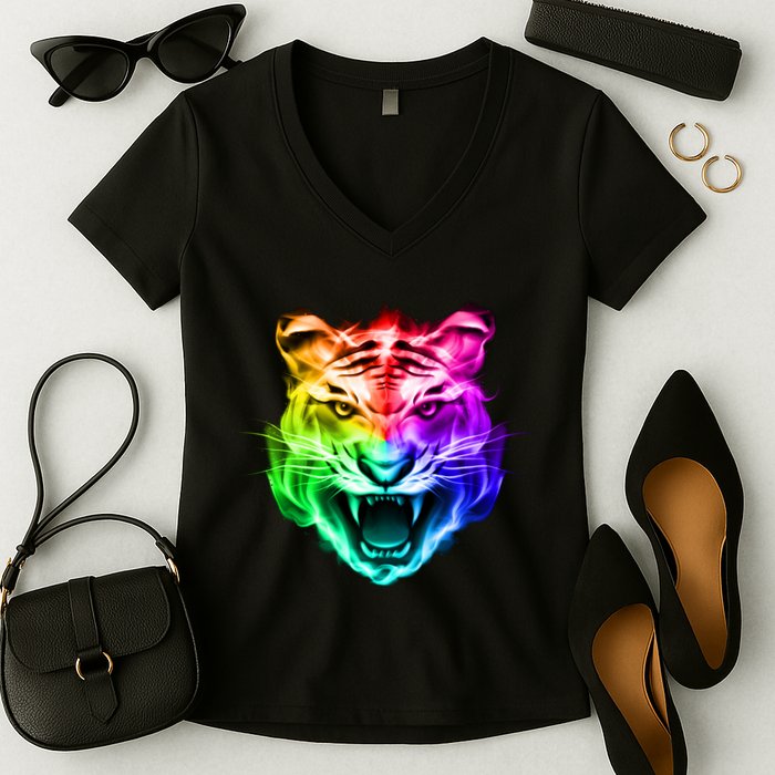 Head of Tiger Blazing in Spectrum Fire Women's V-Neck T-Shirt