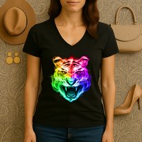 Head of Tiger Blazing in Spectrum Fire Women's V-Neck T-Shirt
