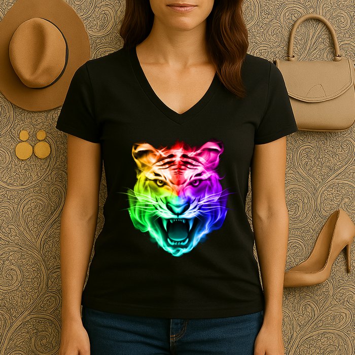 Head of Tiger Blazing in Spectrum Fire Women's V-Neck T-Shirt