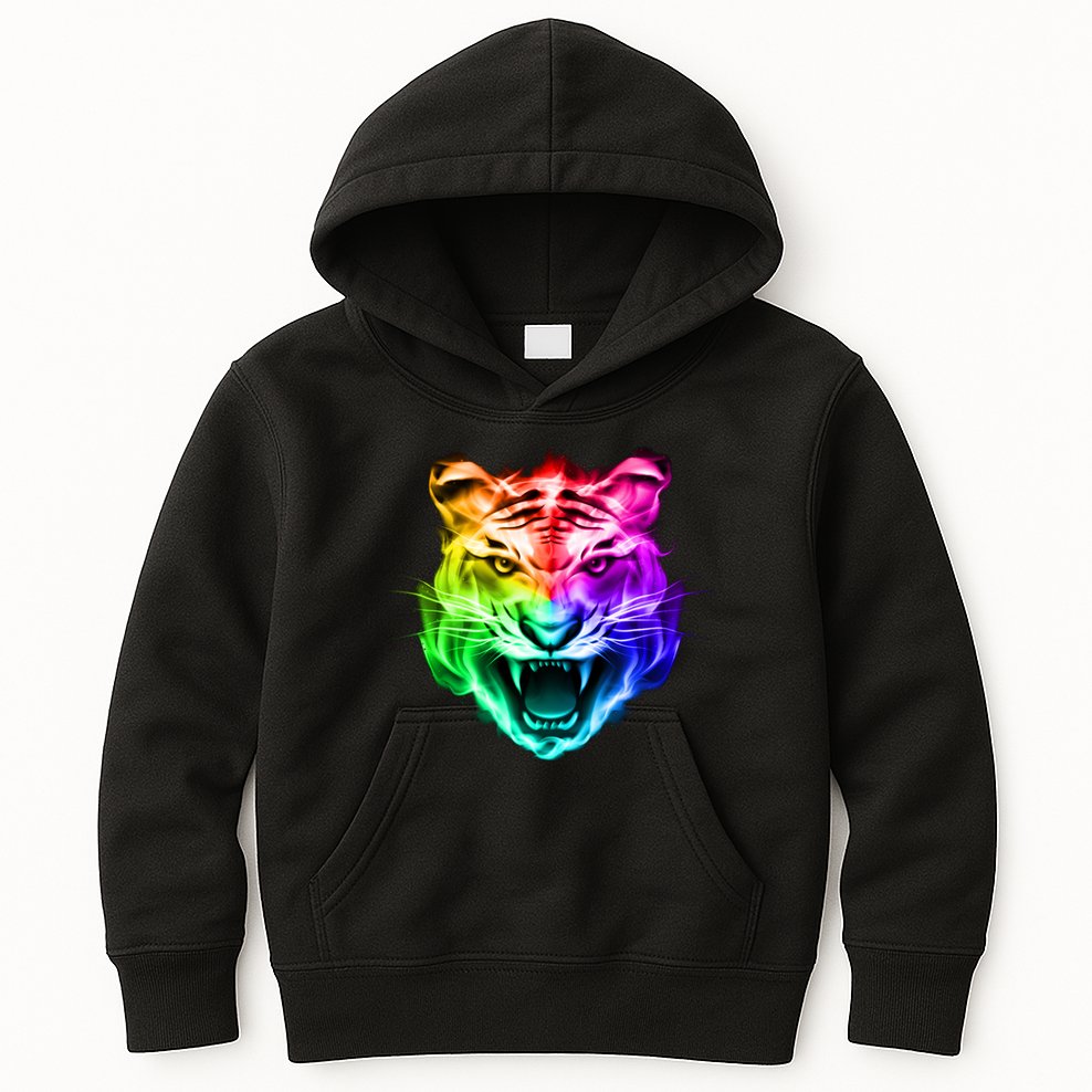 Head of Tiger Blazing in Spectrum Fire Kids Hoodie