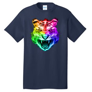 Head of Tiger Blazing in Spectrum Fire Tall T-Shirt