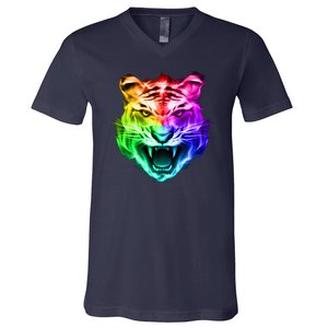 Head of Tiger Blazing in Spectrum Fire V-Neck T-Shirt