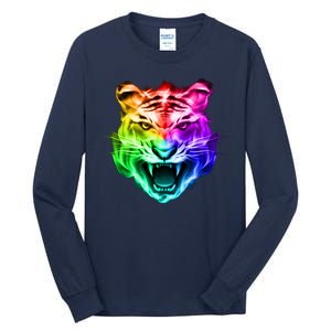 Head of Tiger Blazing in Spectrum Fire Tall Long Sleeve T-Shirt