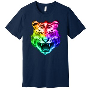 Head of Tiger Blazing in Spectrum Fire Premium T-Shirt