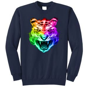 Head of Tiger Blazing in Spectrum Fire Tall Sweatshirt