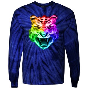 Head of Tiger Blazing in Spectrum Fire Tie-Dye Long Sleeve Shirt