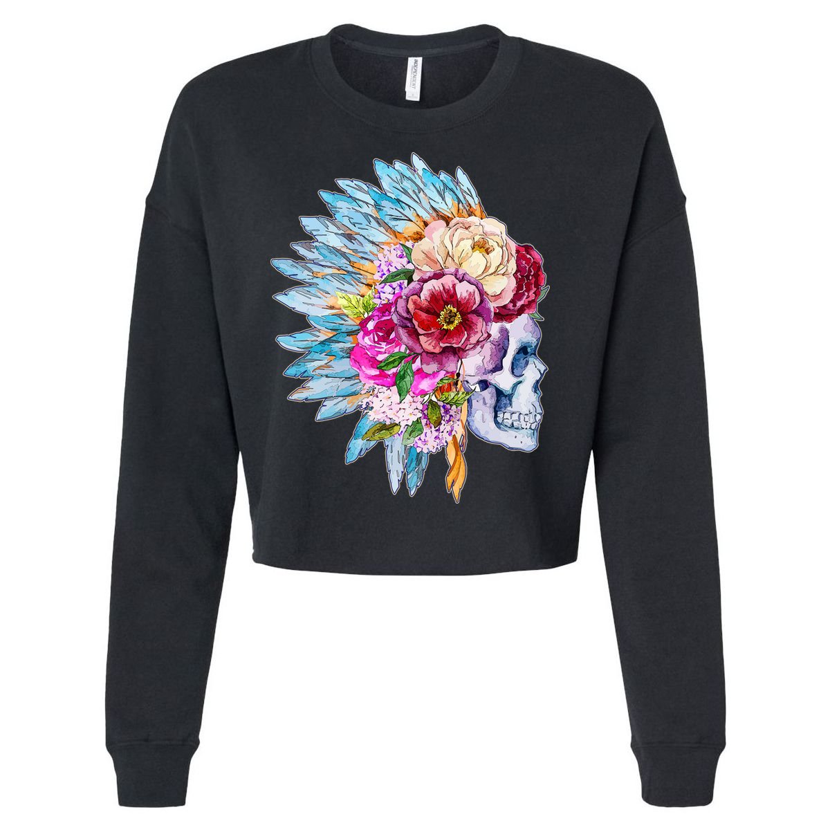 Headdress Floral Skull Cropped Pullover Crew