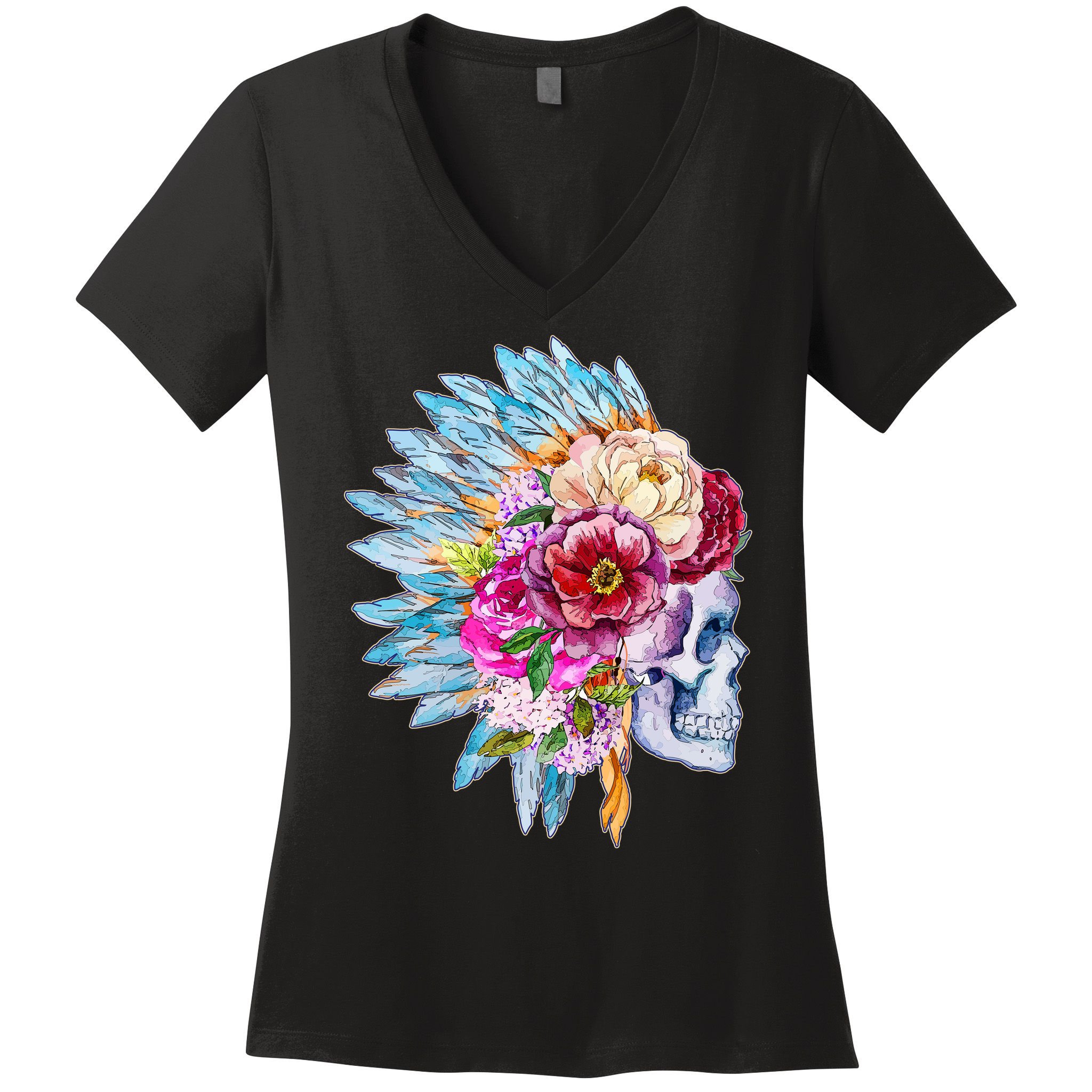 Headdress Floral Skull Women's V-Neck T-Shirt