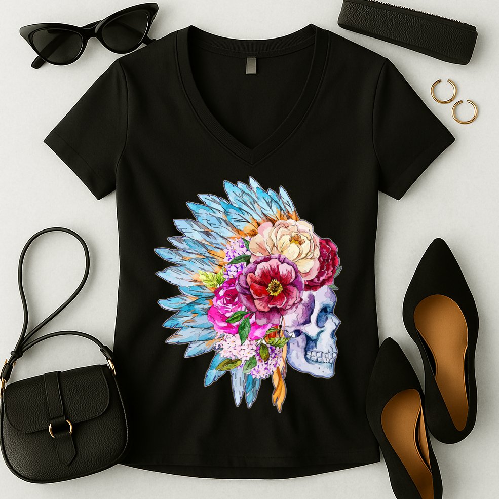 Headdress Floral Skull Women's V-Neck T-Shirt