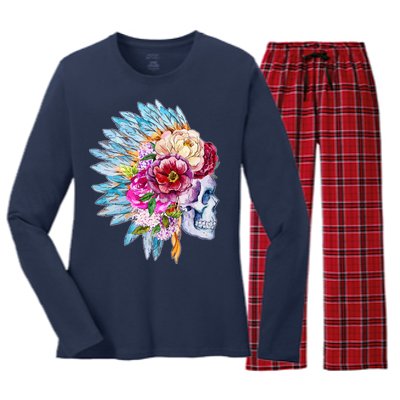 Headdress Floral Skull Women's Long Sleeve Flannel Pajama Set 