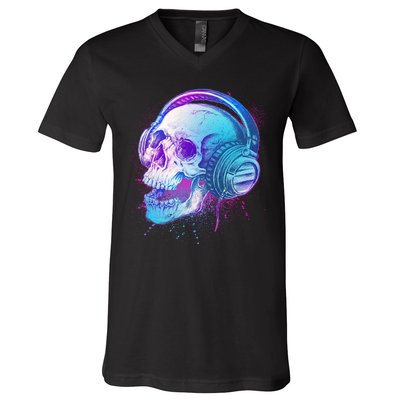 Headphones Music Lover Skull V-Neck T-Shirt