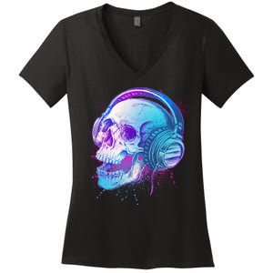 Headphones Music Lover Skull Women's V-Neck T-Shirt