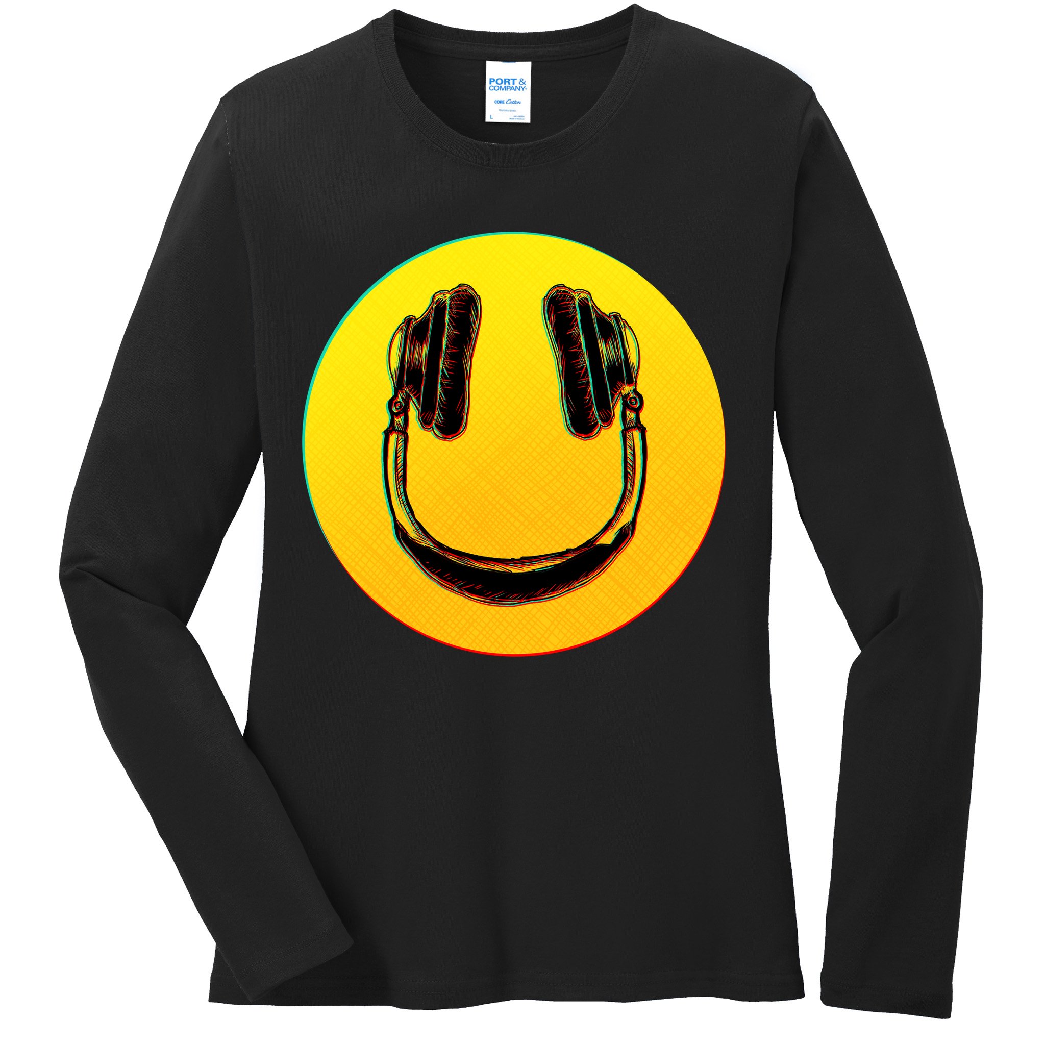 Headphones Smiley Ladies Long Sleeve Shirt