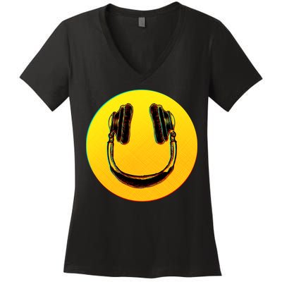 Headphones Smiley Women's V-Neck T-Shirt